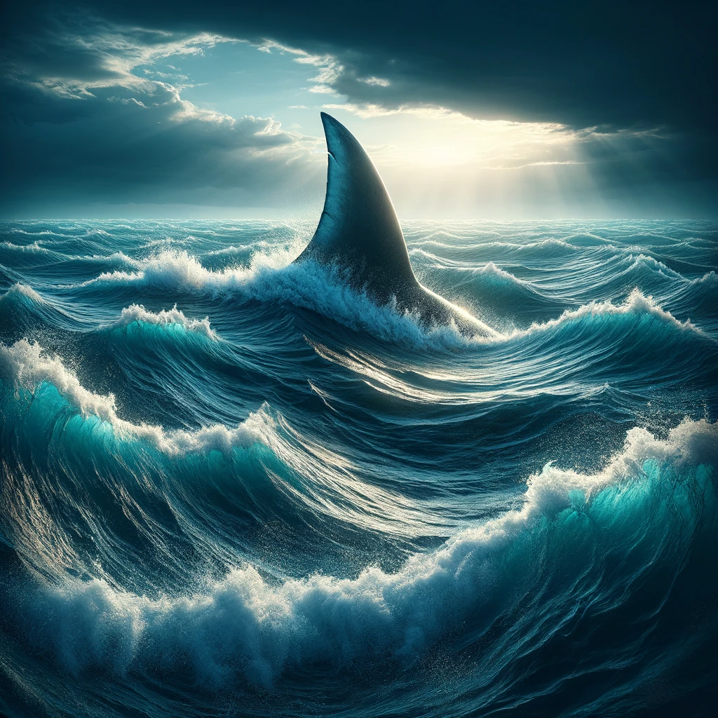 DALL·E 2024-02-12 12.42.55 - Depict a prominent, large shark fin slicing through the surface of a deep, azure ocean. The scene is intensified by the oversized fin, dominating the