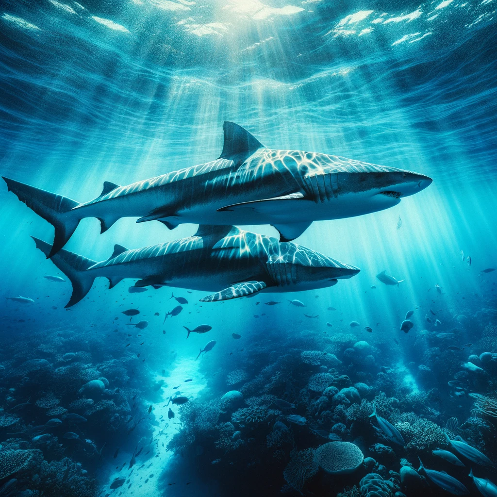 DALL·E 2024-02-12 14.11.55 - Visualize a captivating underwater scene featuring two large sharks swimming side by side in the deep blue sea. The vast ocean around them teems with